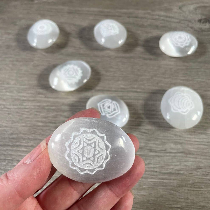 Selenite Small Palm Stones – Etched Chakra Symbols | Set of 7