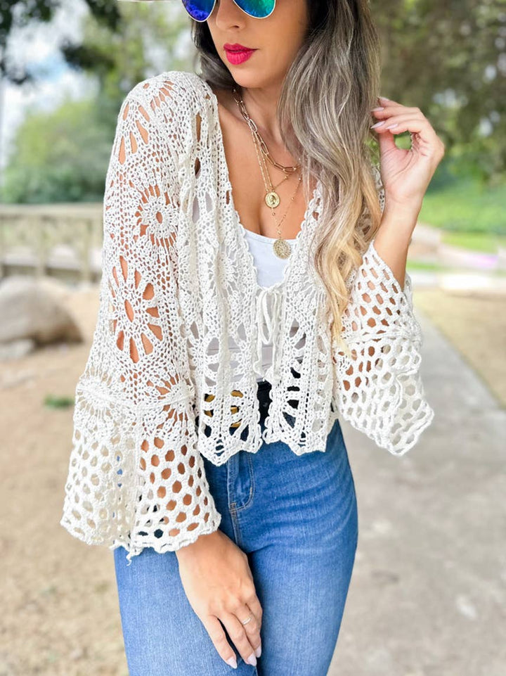 Ivory floral open front long sleeve crochet cardigan with boho coastal charm