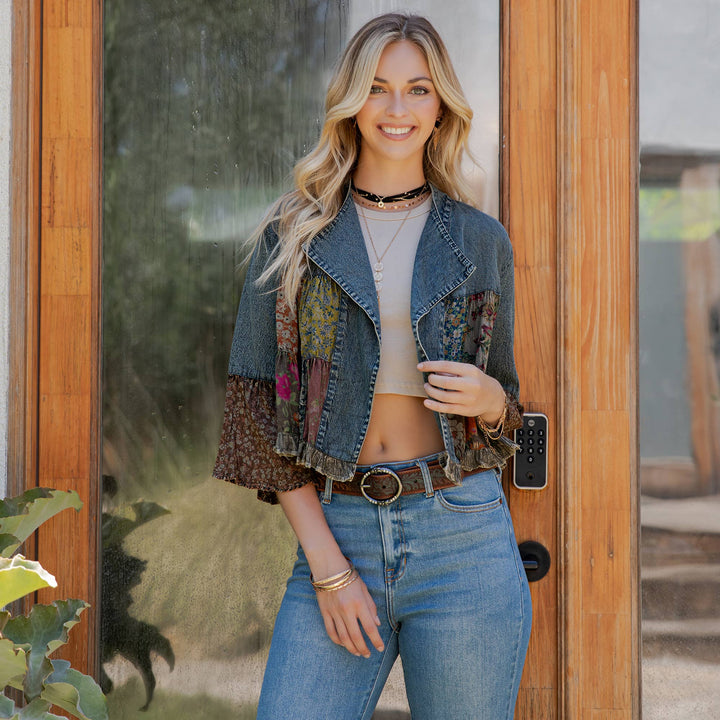 Lapel Detail Cropped Jacket with Handcrafted Embroidery