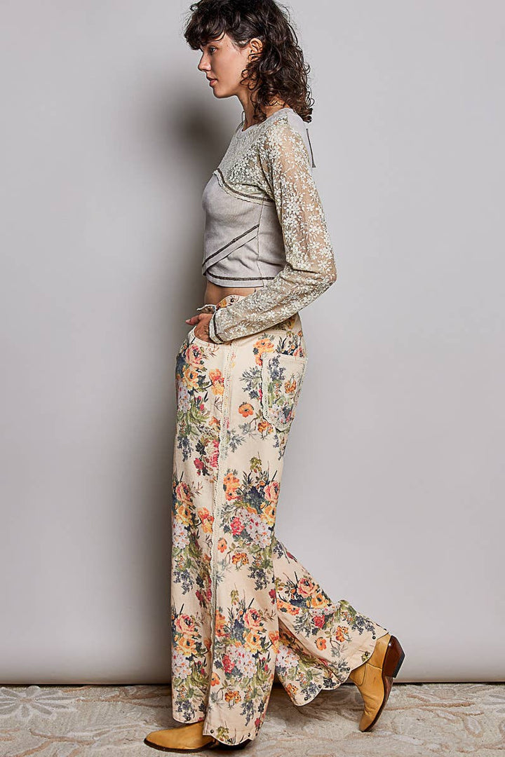 Floral Vintage Washed Raw Edge Elastic Waist Pants