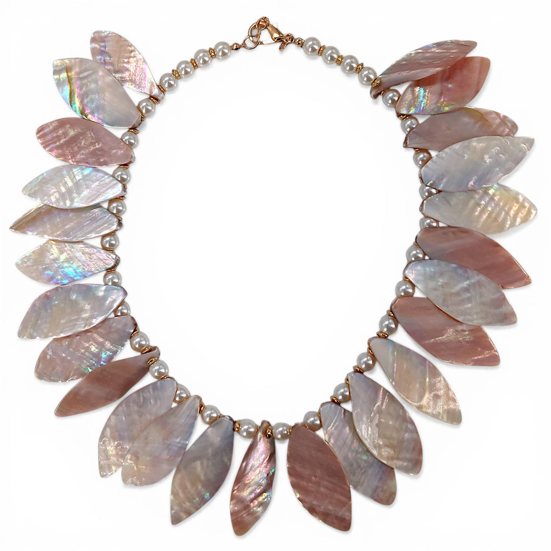 Handmade coastal abalone shell and pearl collar necklace with boho ocean energy