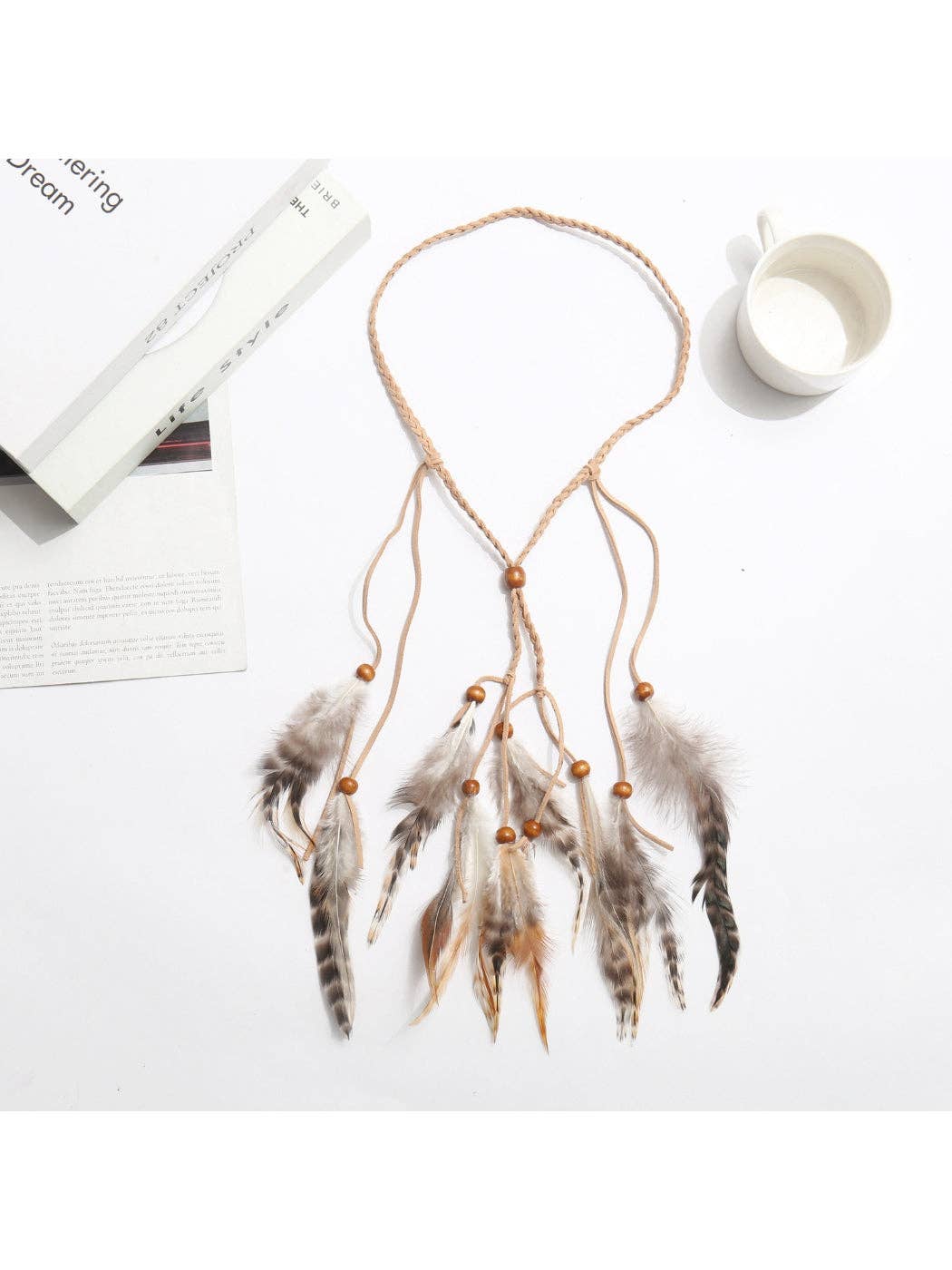 Boho Soft Feather Drop Hair Headpiece with beige faux feathers for coastal festival style