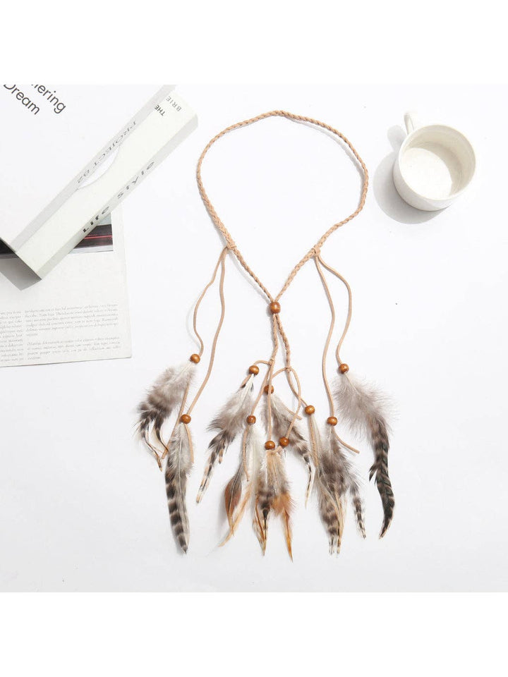 Boho Soft Feather Drop Hair Headpiece with beige faux feathers for coastal festival style