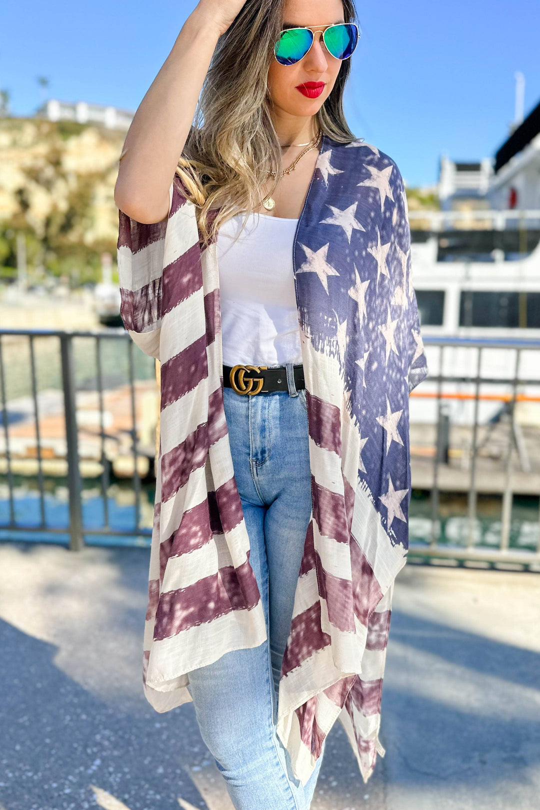Vintage American Flag Printed Kimono Cover Up for breezy coastal boho style