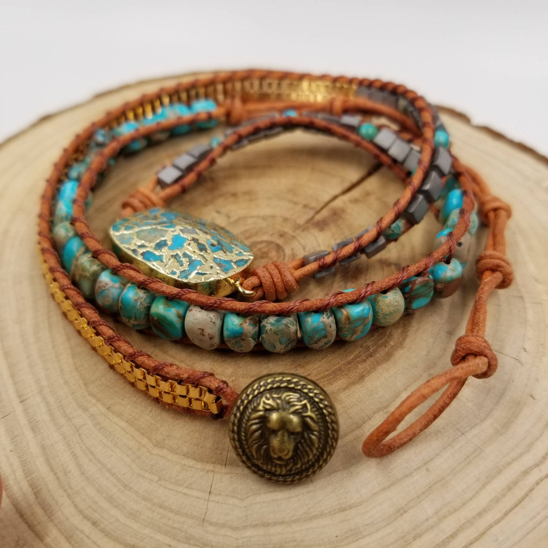 Handwoven Natural Turquoise &amp; Leather Stacked Bracelet with earthy coastal bohemian charm