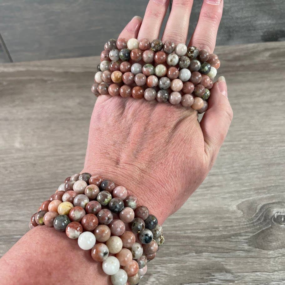 Healing Crystal Bracelets 8mm round beads in amethyst and rose quartz boho stacked