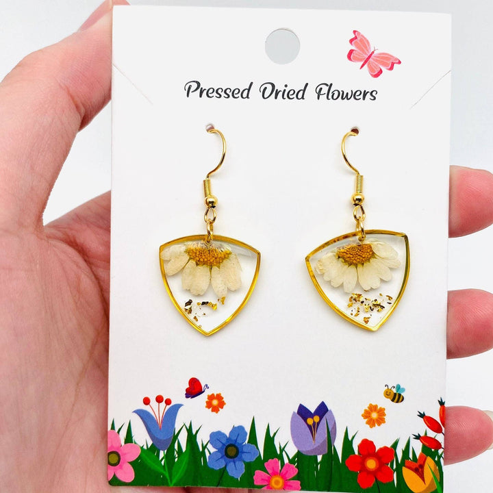 Genuine dried flower pressed daisy earrings handcrafted with natural coastal bohemian charm
