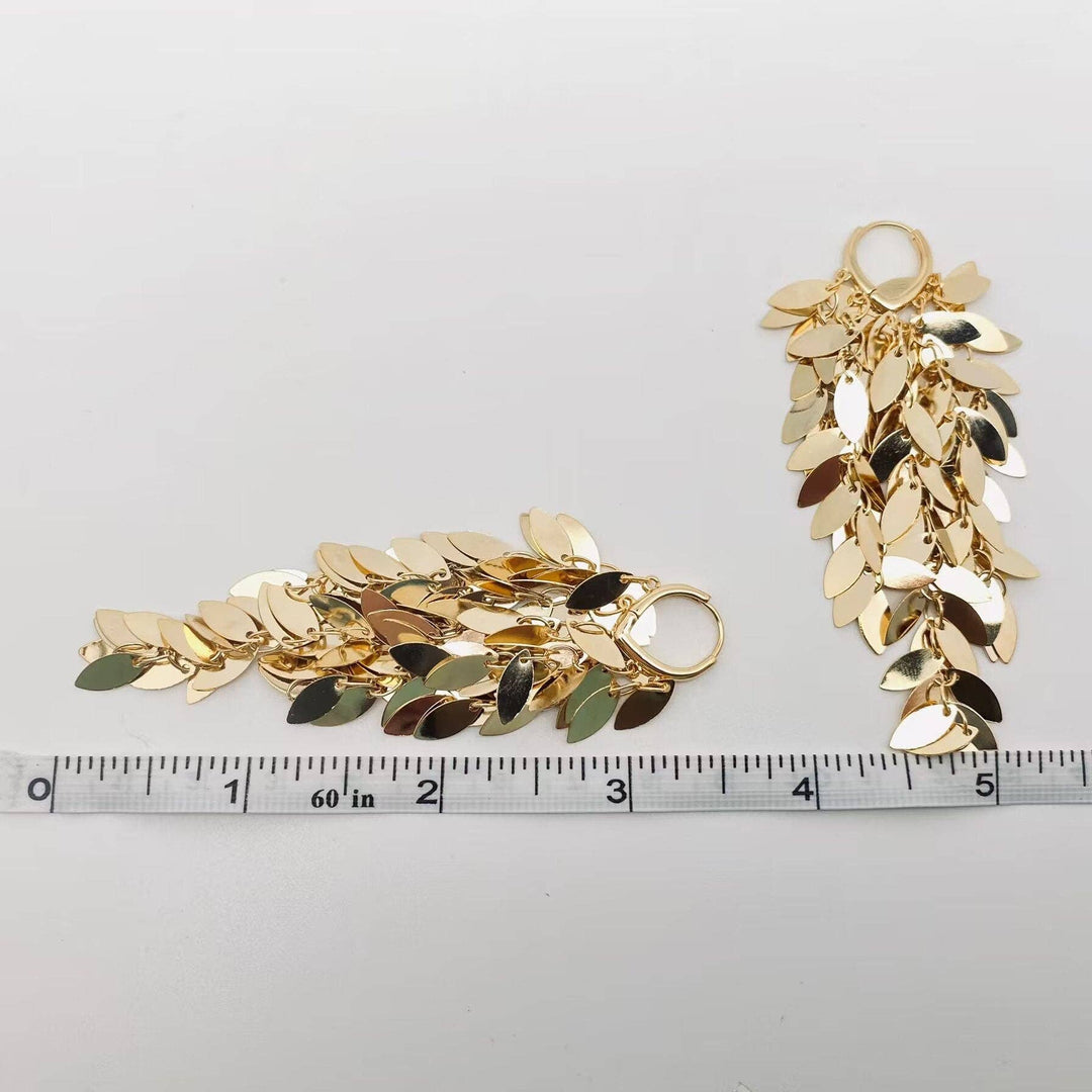 18K Gold Plated Wheat Ear Sequin Tassel Huggie Earrings