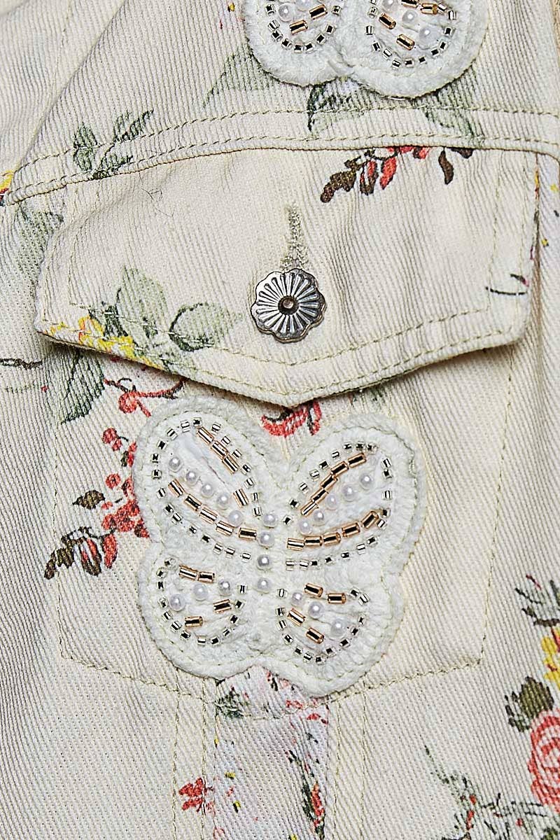 Floral Print Embroidered Collared Denim Jacket