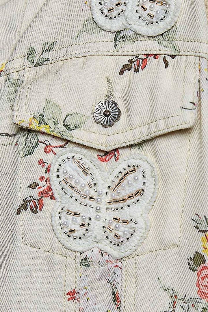 Floral Print Embroidered Collared Denim Jacket