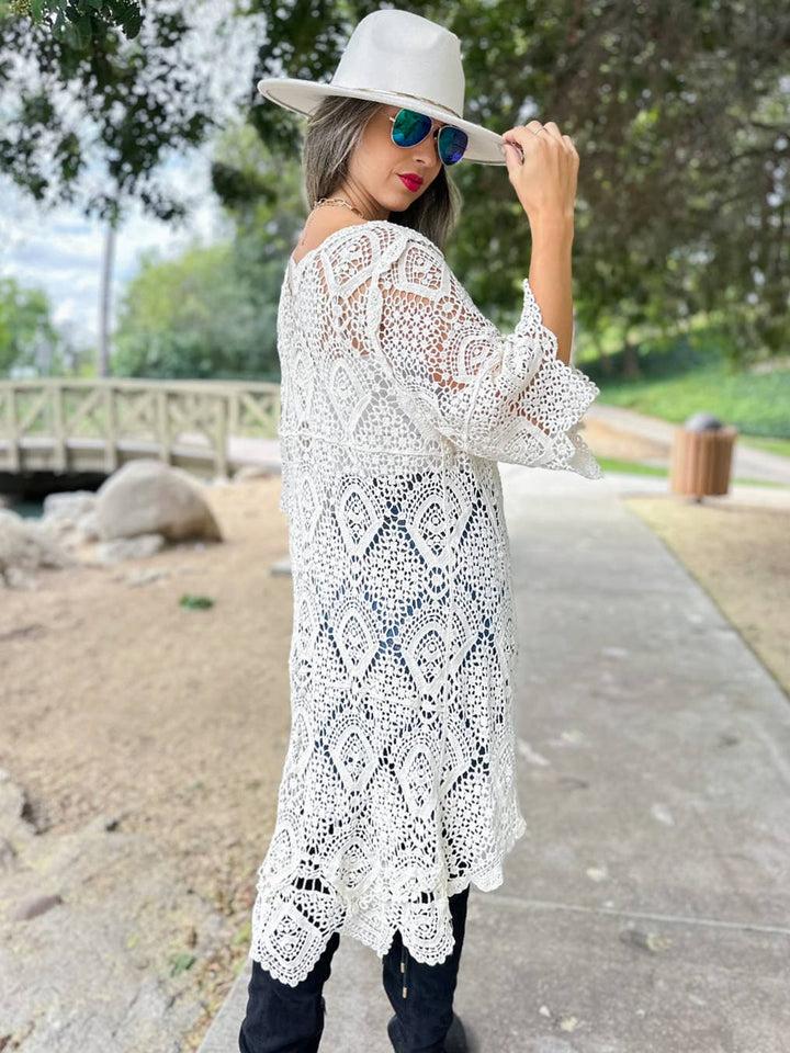Boho open front high-low crochet cardigan perfect for coastal layering and beach days