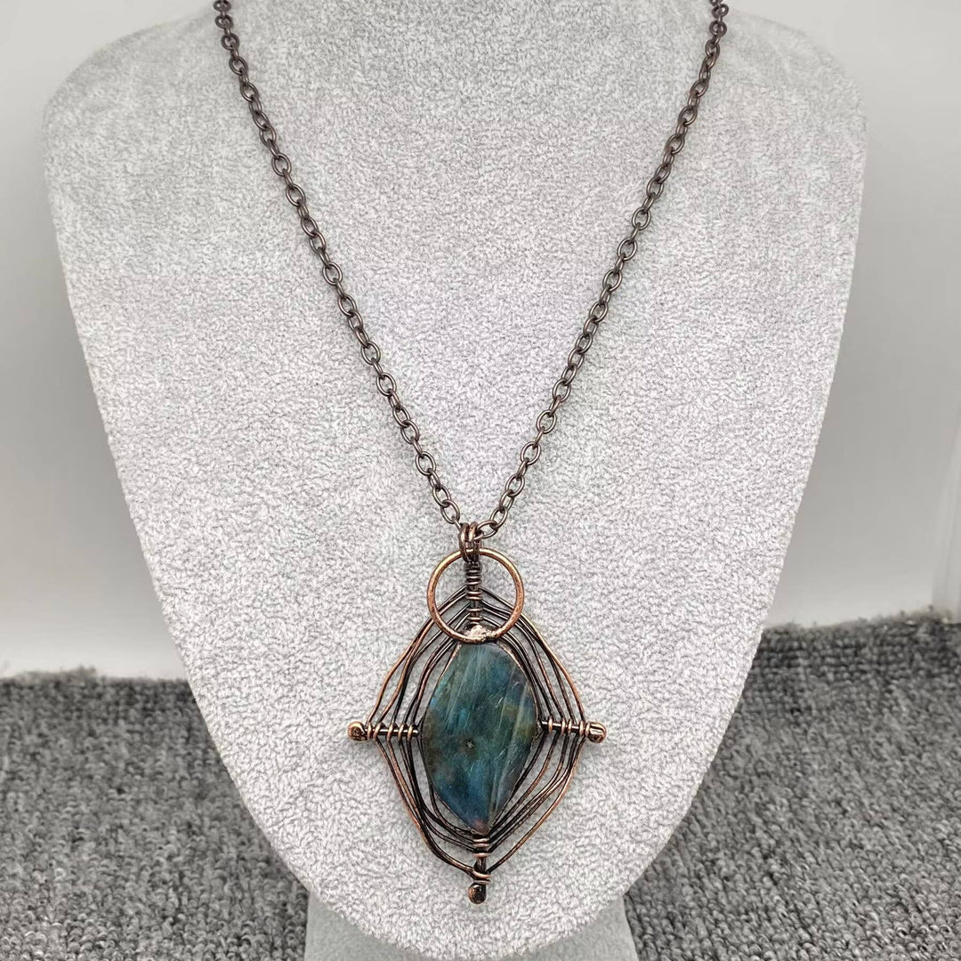 Vintage Labradorite Spider Web Design Charm Necklace