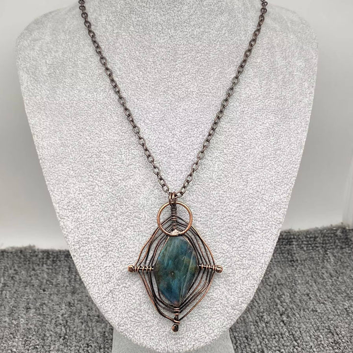 Vintage Labradorite Spider Web Design Charm Necklace