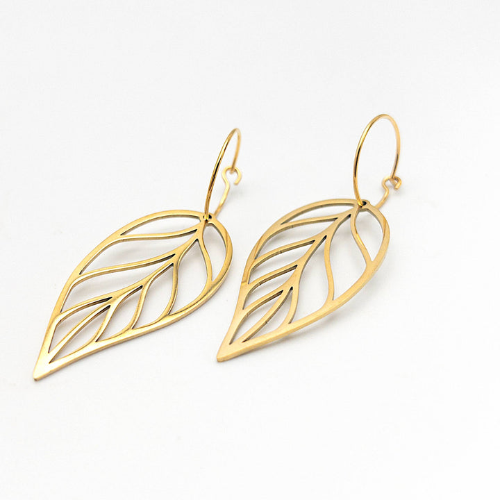 Gold leaf drop earrings with PVD plating, perfect for coastal boho style