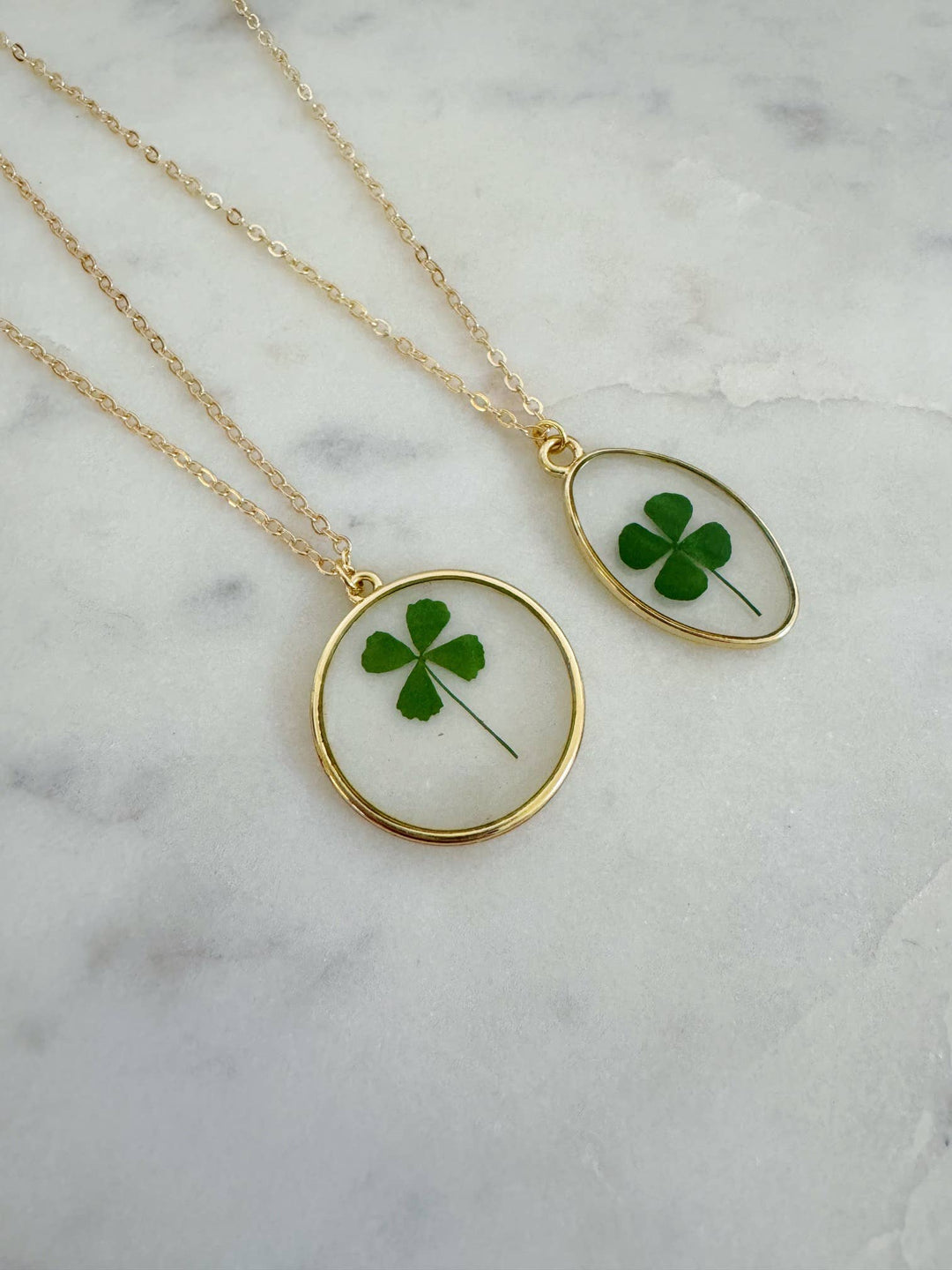 Handcrafted Four Leaf Clover Pressed Flower Necklace in 14k gold filled chain