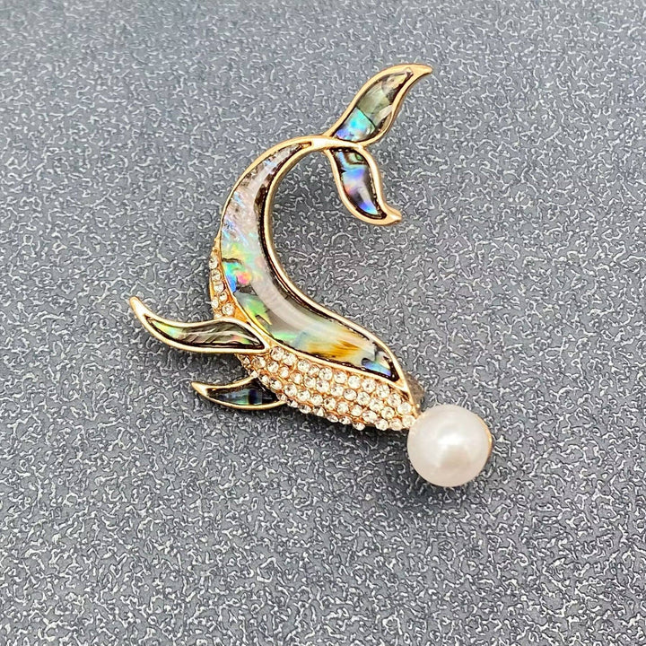 Abalone Shell Silver Tone Whale Brooch