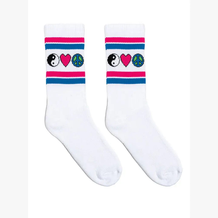 White classic crew socks with ribbed tubing featuring iconic symbols for coastal souls