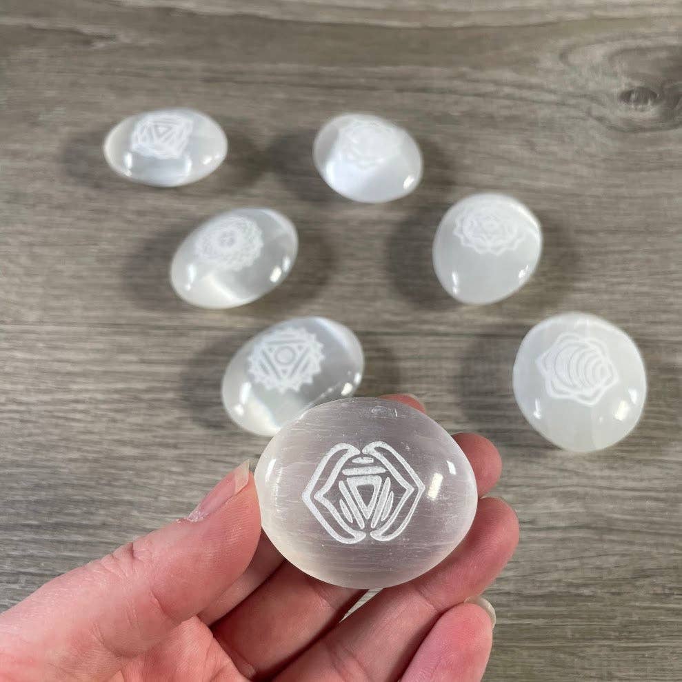 Selenite Small Palm Stones – Etched Chakra Symbols | Set of 7