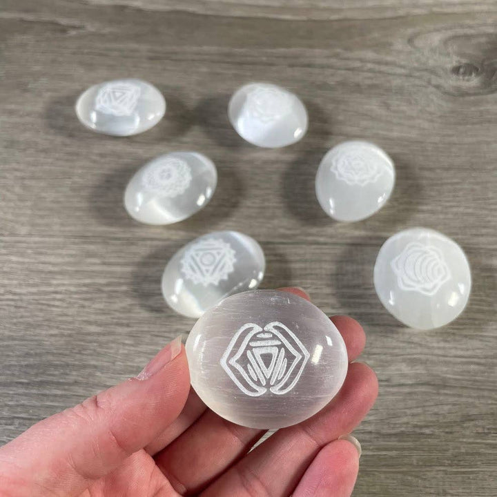 Selenite Small Palm Stones – Etched Chakra Symbols | Set of 7