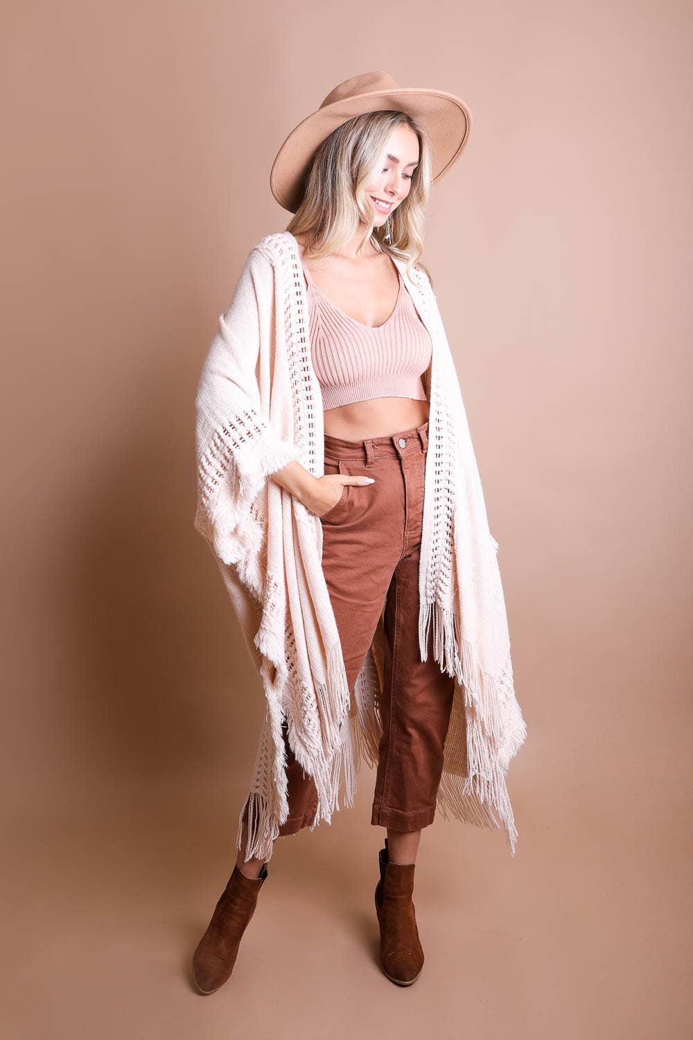 Frayed Border Bohemian Ruana Kimono Sweater