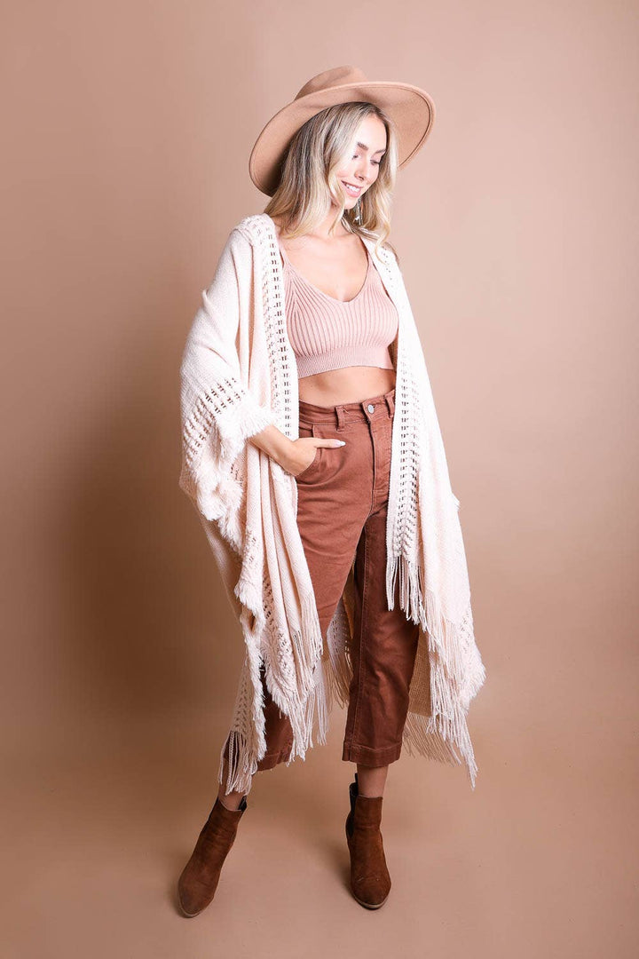 Frayed Border Bohemian Ruana Kimono Sweater