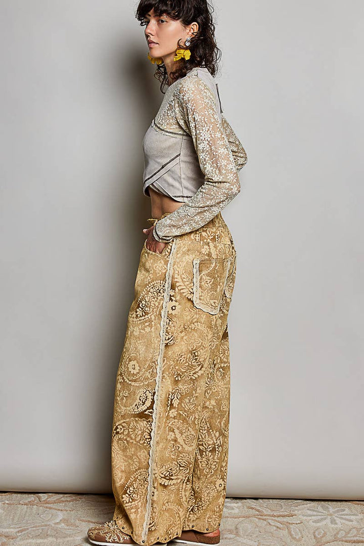 Floral Vintage Washed Raw Edge Elastic Waist Pants