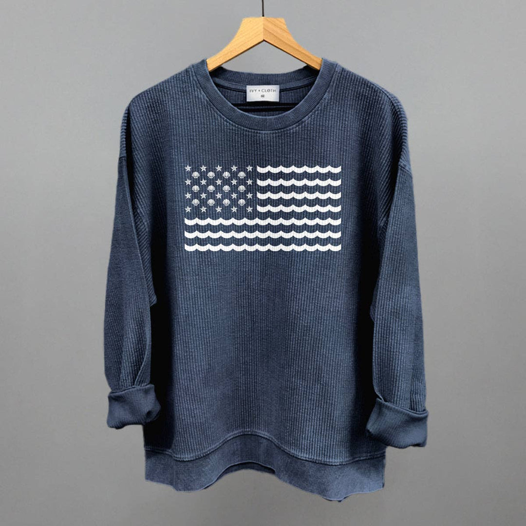 Beach American Flag Boxy Crew sweatshirt with relaxed coastal boho style and saltwater soul