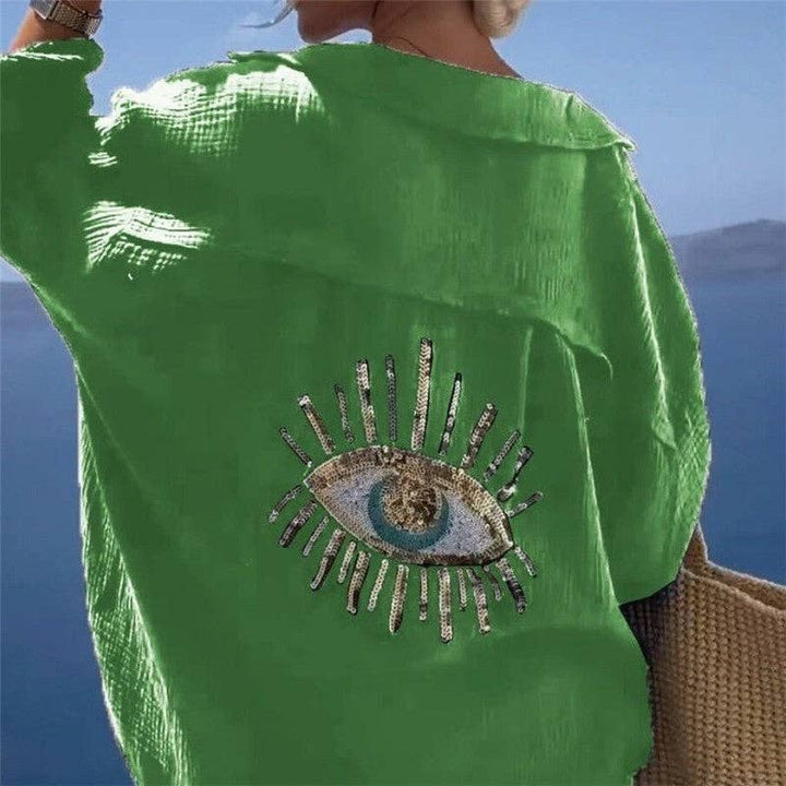 Evil Eye Solid Color Collar Long Sleeve Blouse for coastal boho spirits