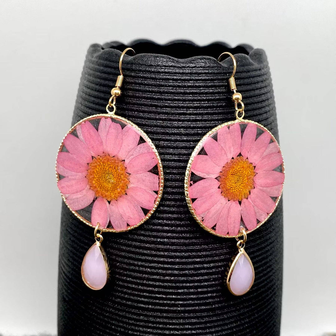 Pink Chrysanthemum Dried Flower Round Earrings handcrafted for a coastal bohemian soul