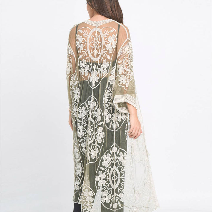 Floral Lace Kimono with Front Tie draped in breezy coastal boho style
