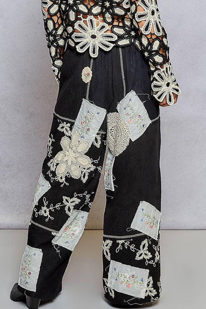 Lace Patch Detail Woven Pants