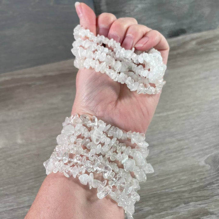 Healing Crystal Chip Bracelets with amethyst and rose quartz for coastal boho style