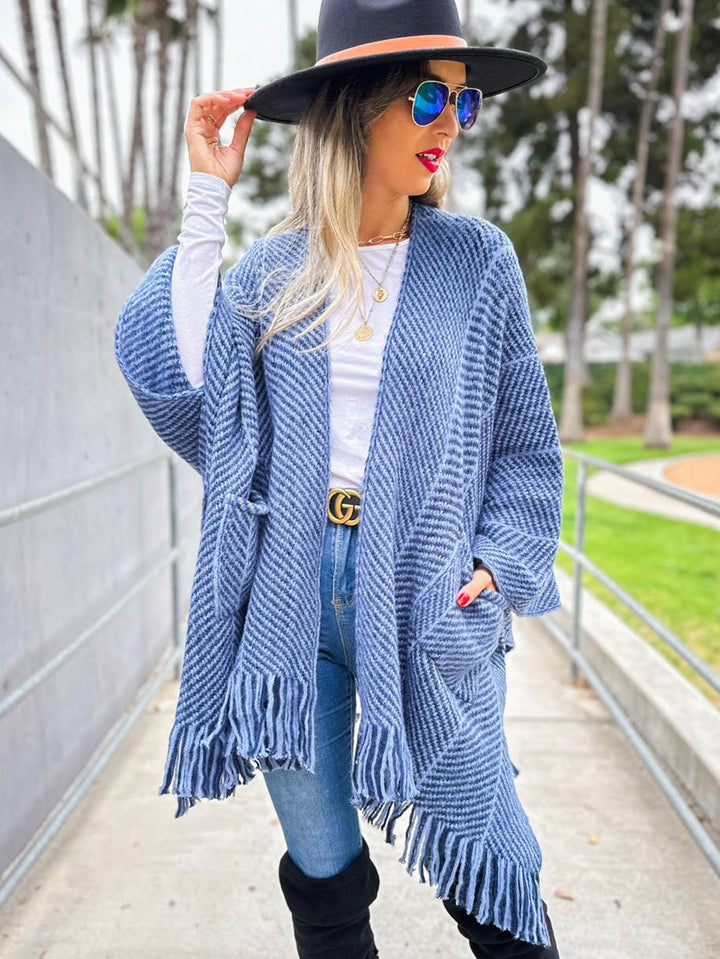 Navy chevron knitted ruana cardigan with tassel and pocket for coastal bohemian style