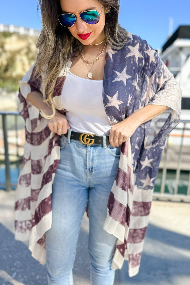 Vintage American Flag Printed Kimono Cover Up for boho coastal summer style