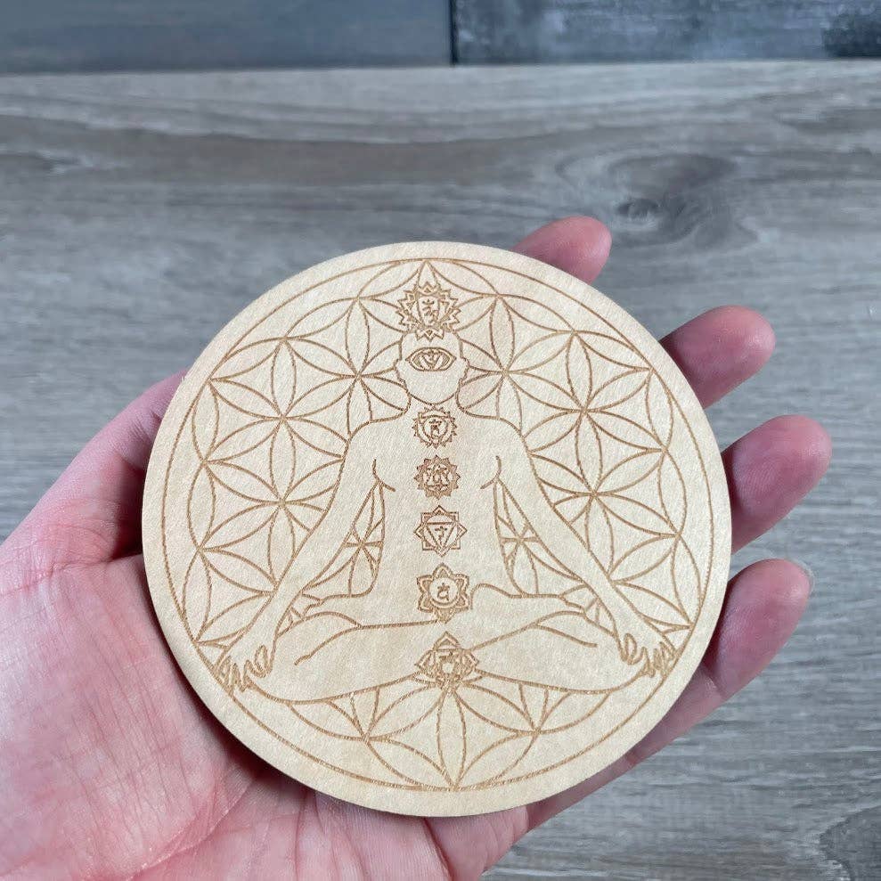 Wood Crystal Grid Plate - Sacred Display for Crystals