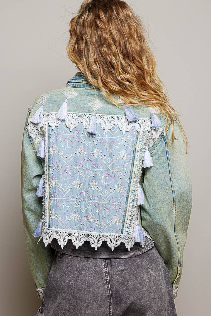 Vintage Washed Metal Button Down Embroidered Denim Jacket