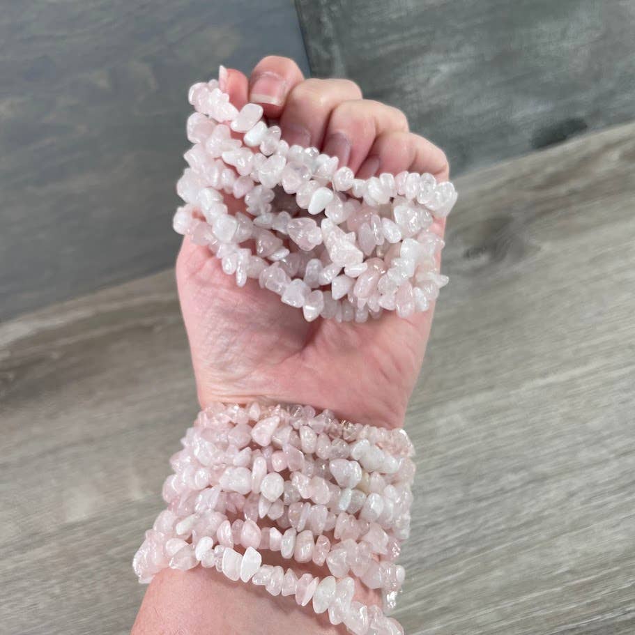 Healing Crystal Chip Bracelets with amethyst and rose quartz for coastal boho style