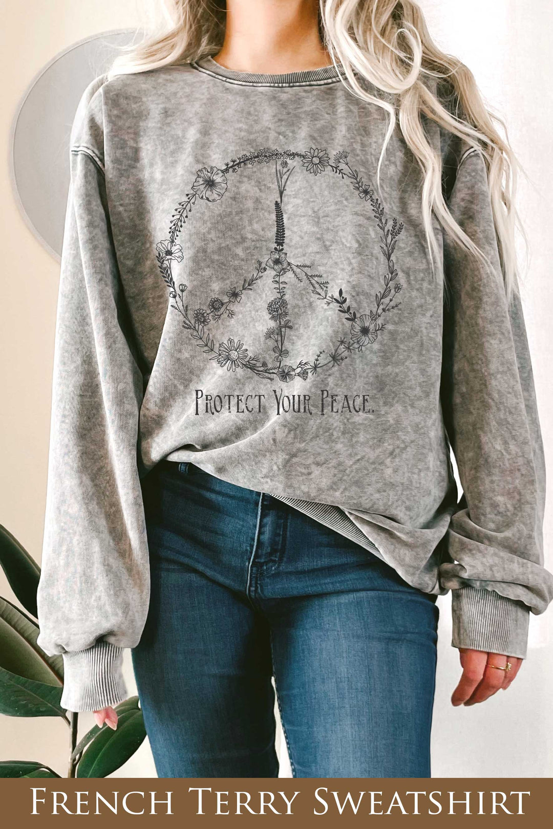 Protect Your Peace mineral wash graphic terry sweatshirt coastal boho floral vintage style