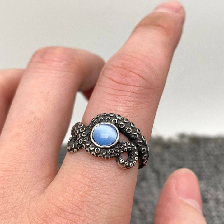 Blue gemstone octopus tentacle stainless steel ring for the coastal free spirit