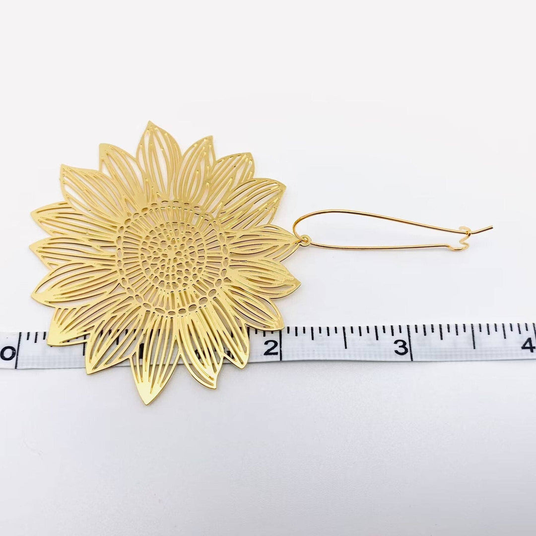 Golden Hollow Sunflower Hoop Earrings boho coastal gold statement jewelry for free spirits