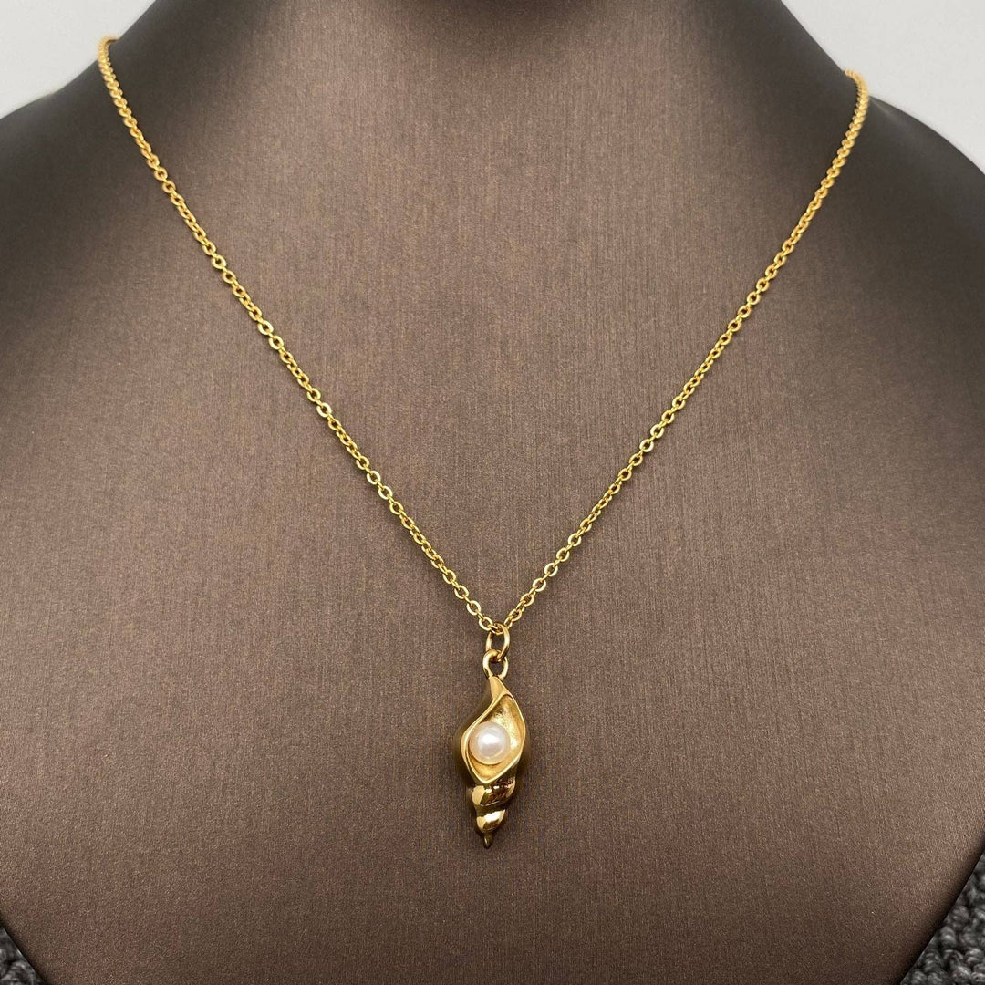 Pearl Conch Charm 18K Gold Plated Stainless Steel Necklace with coastal boho energy
