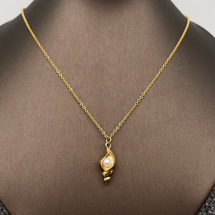 Pearl Conch Charm 18K Gold Plated Stainless Steel Necklace with coastal boho energy