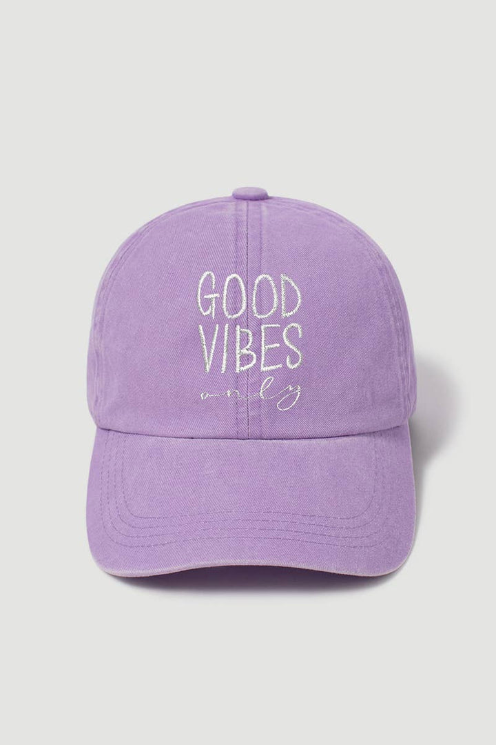 Good Vibes Only Baseball Cap with embroidered boho detail for coastal everyday wear