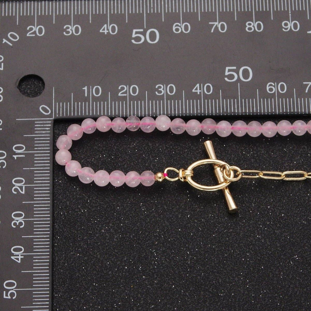 Dainty half bead half link chain necklace with rose quartz and 24k gold filled paperclip chain