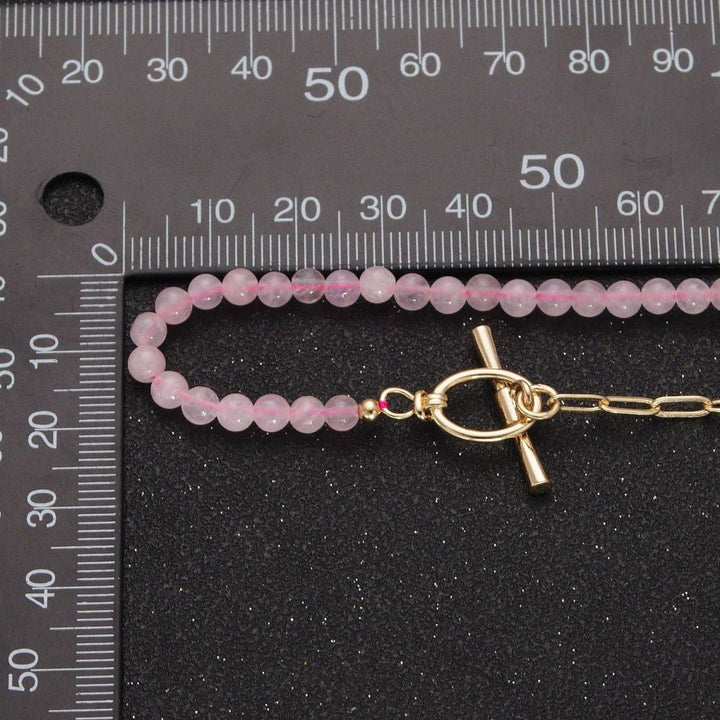 Dainty half bead half link chain necklace with rose quartz and 24k gold filled paperclip chain