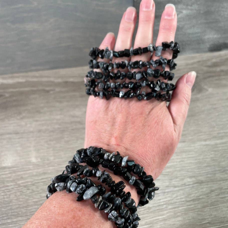 Healing Crystal Chip Bracelets with amethyst and rose quartz for coastal boho style