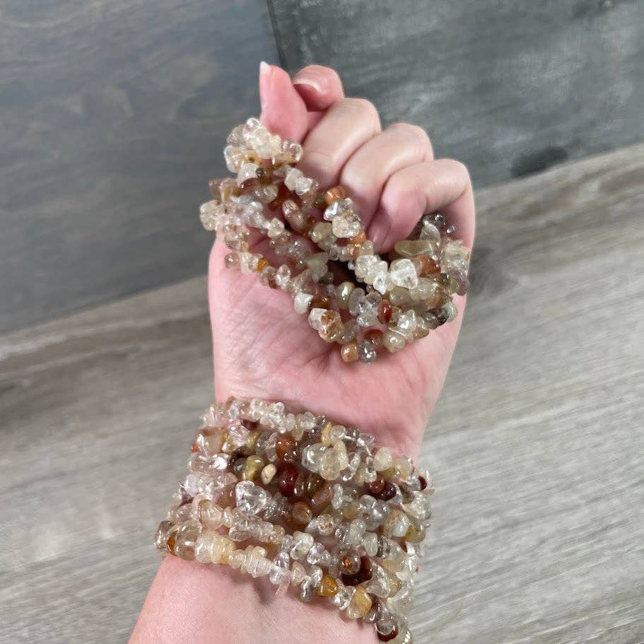 Healing Crystal Chip Bracelets with amethyst and rose quartz for coastal boho style