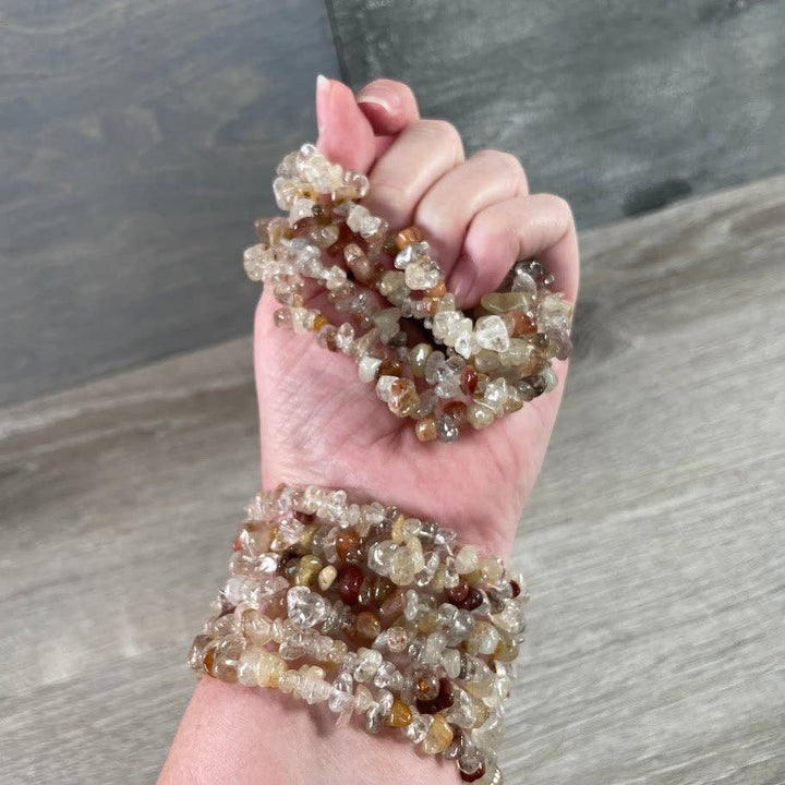 Healing Crystal Chip Bracelets with amethyst and rose quartz for coastal boho style