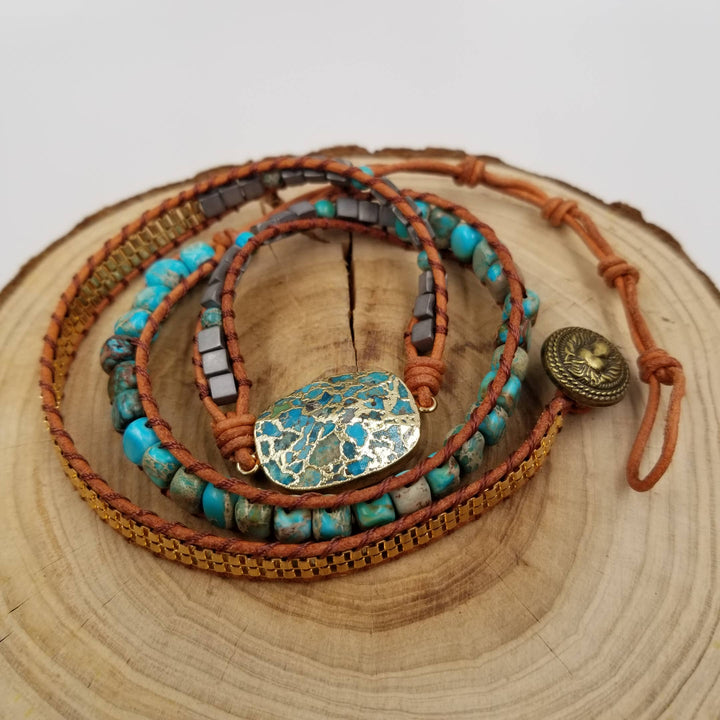 Handwoven Natural Turquoise &amp; Leather Stacked Bracelet with earthy coastal bohemian charm