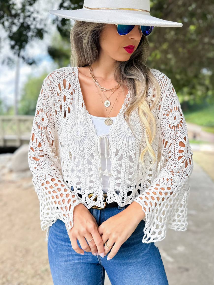 Ivory floral open front long sleeve crochet cardigan for coastal bohemian style